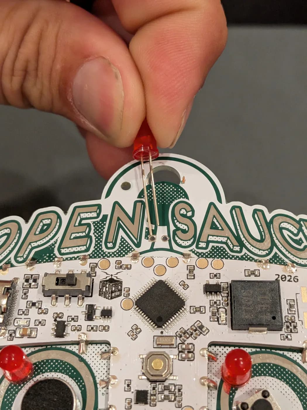 LED orientation: the longer leg goes into the square hole